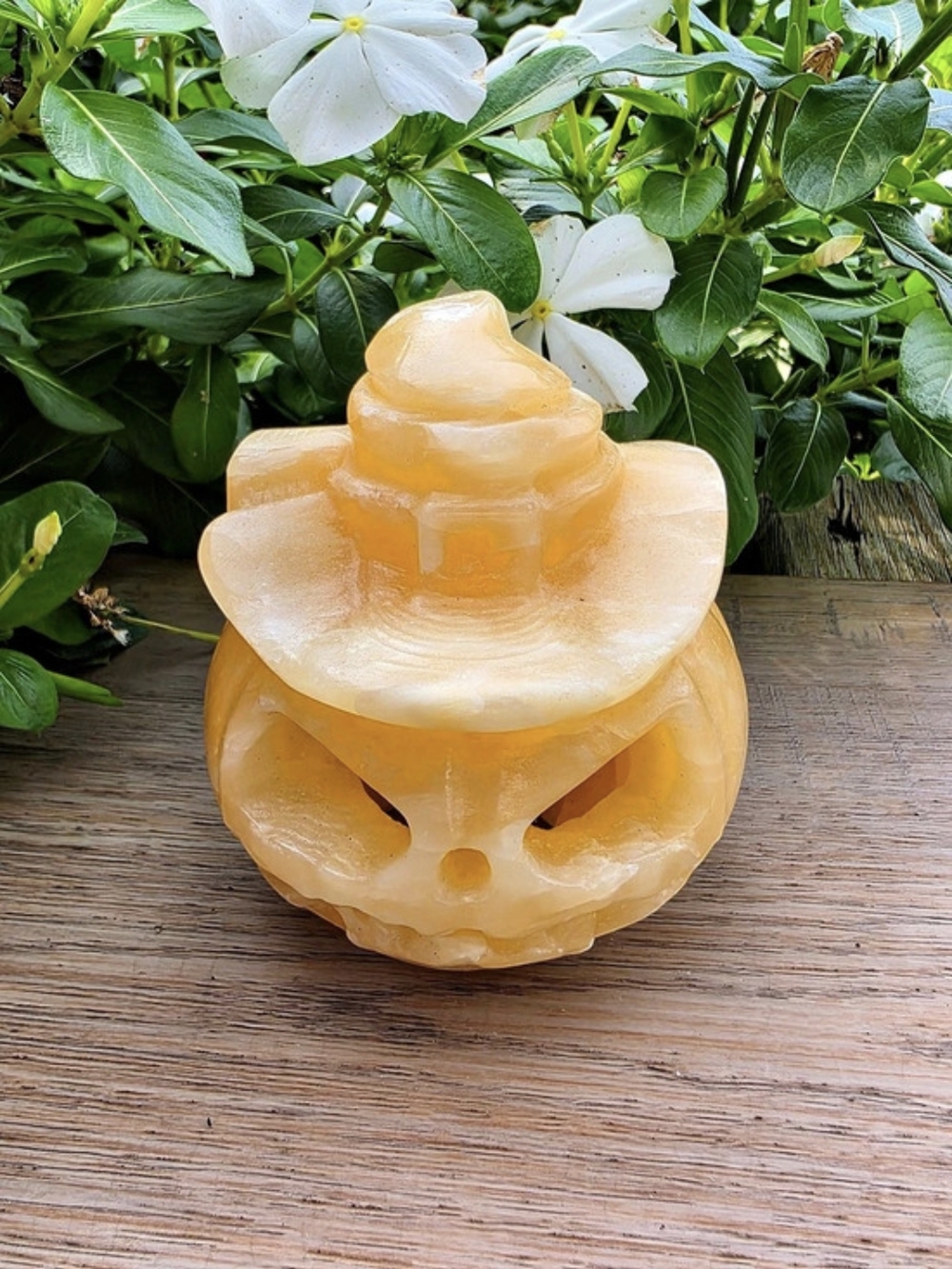 Yellow Orange Calcite Crystal Pumpkin Head with Witch Hat
